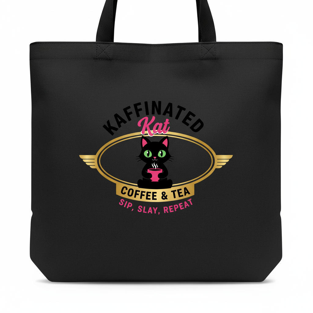 Kaffinated Kat black canvas tote bag with logo