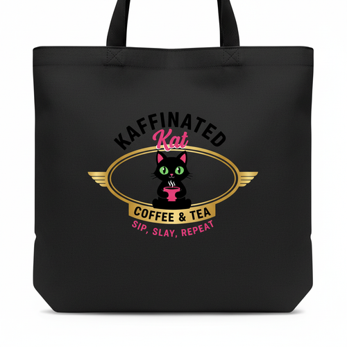 Kaffinated Kat black canvas tote bag with logo