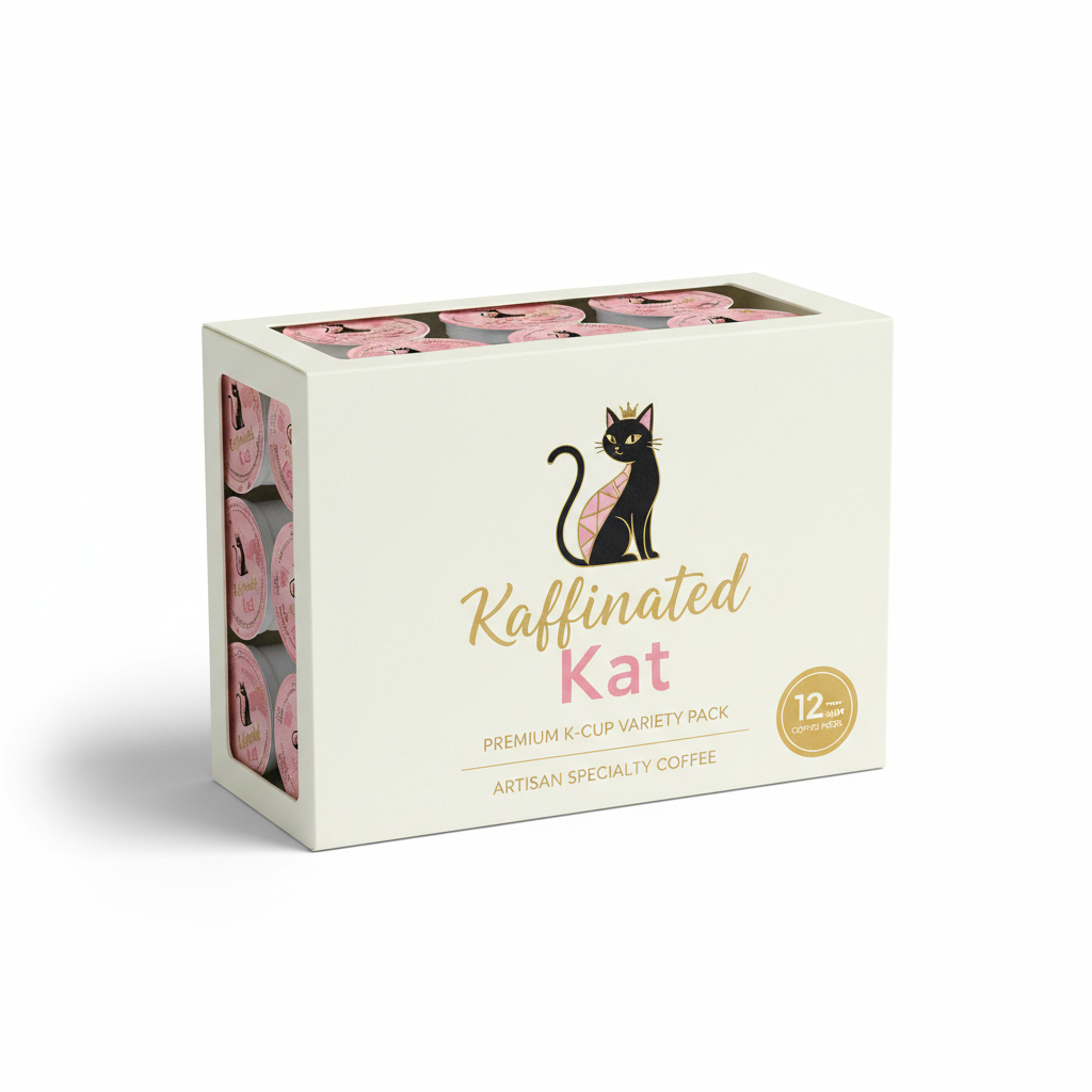 Kaffinated Kat K-Cup Variety Pack 12-count cream ivory box with pink and gold logo
