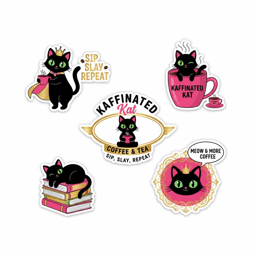 Kaffinated Kat 5-pack vinyl sticker set in pink black and gold