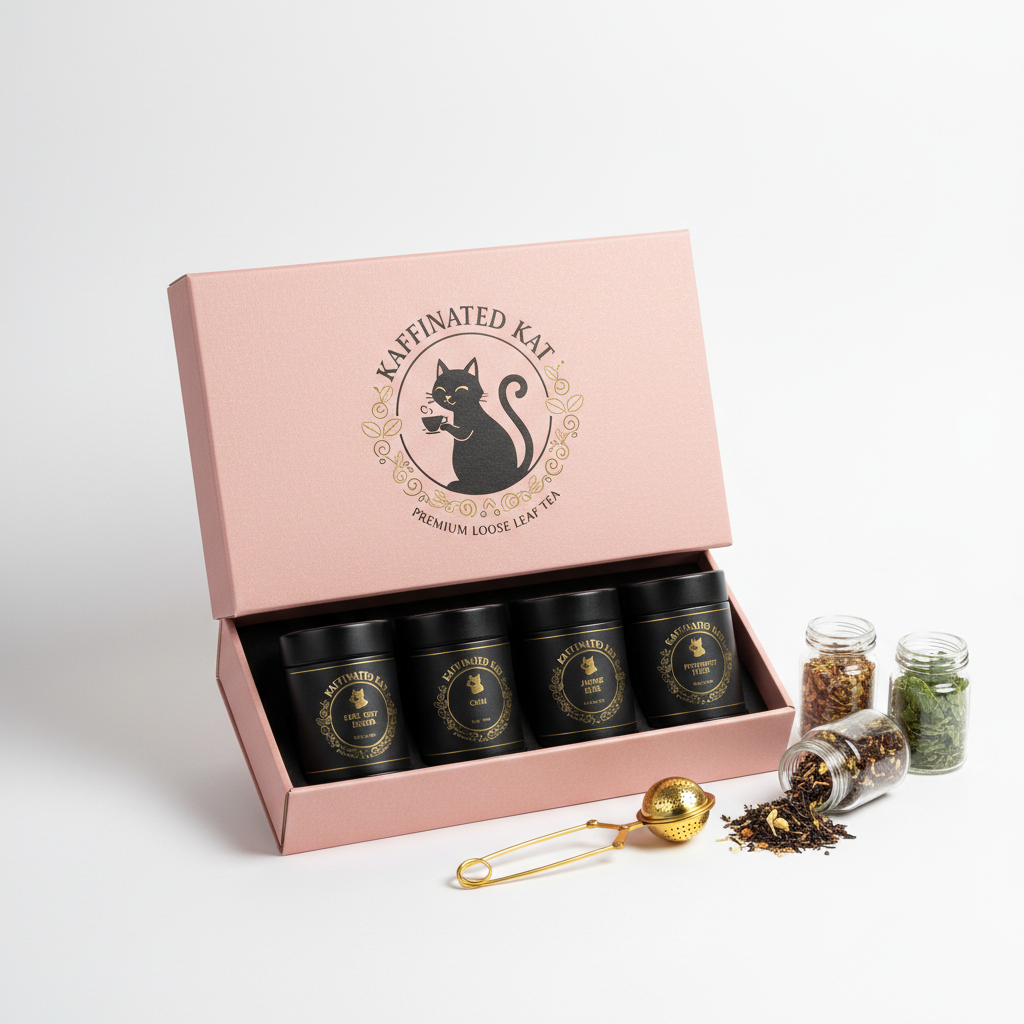 Kaffinated Kat Loose Leaf Tea Sampler pink box with 4 tea blends and black gold logo
