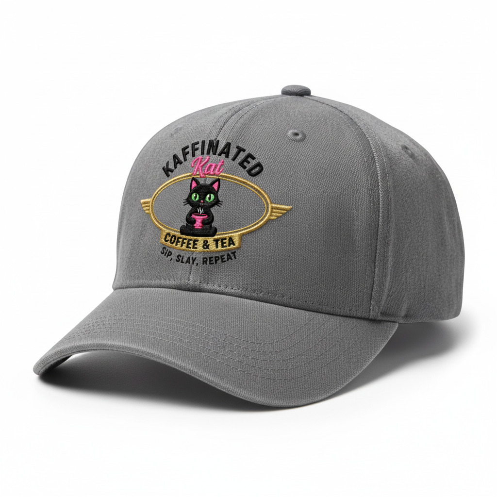 Kaffinated Kat gray baseball cap with pink and gold embroidered logo