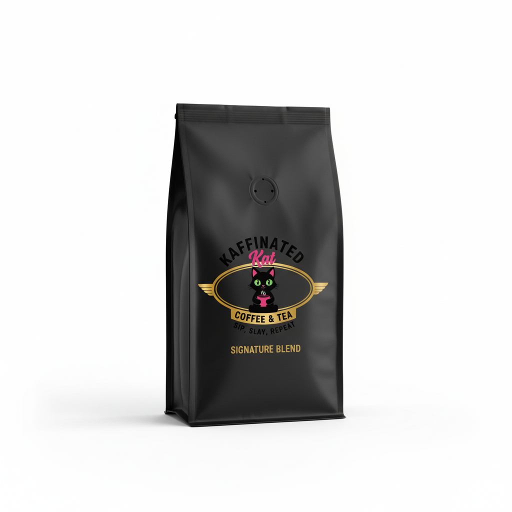 Kaffinated Kat Signature Blend 12oz coffee bag matte black with pink and gold logo