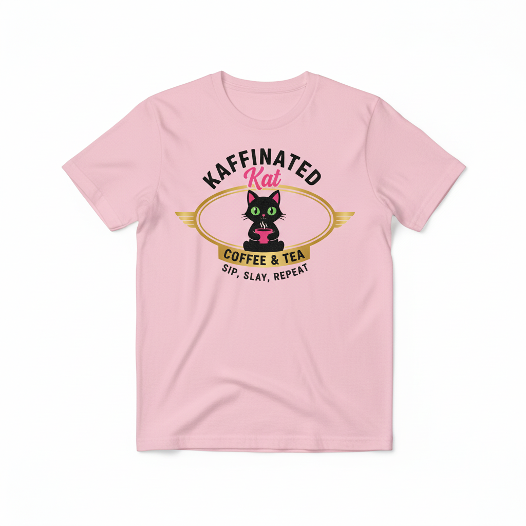 Kaffinated Kat pink t-shirt with black and gold logo