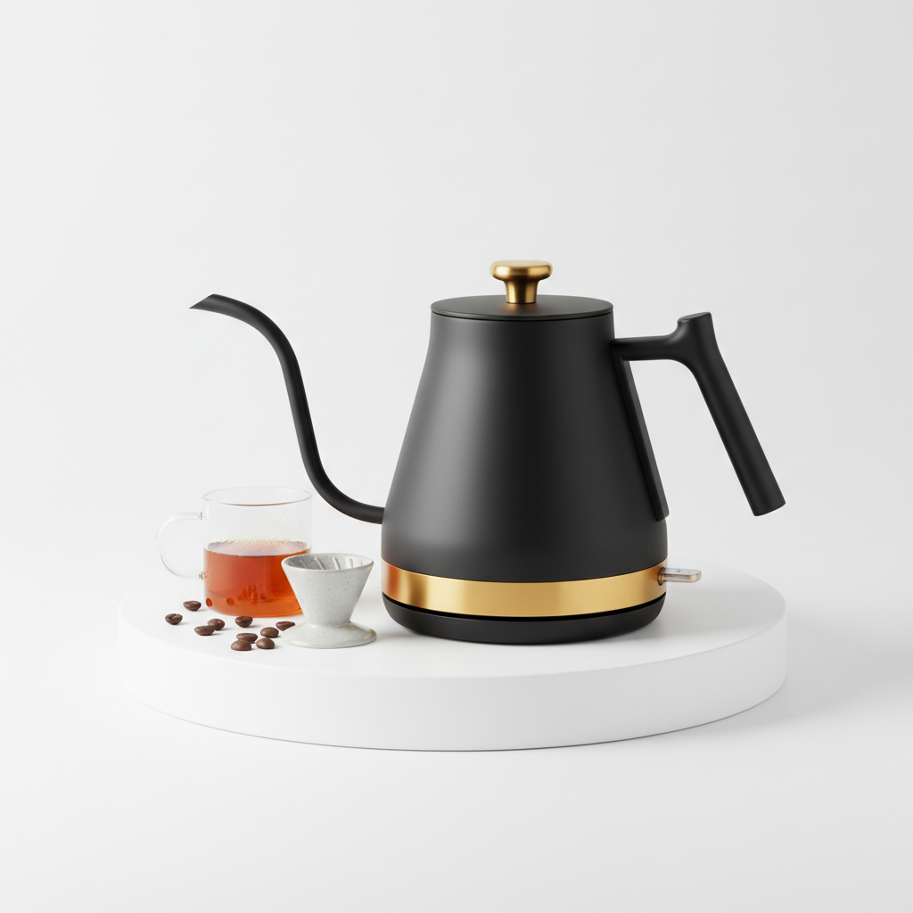 Kaffinated Kat Gooseneck Electric Kettle black and gold