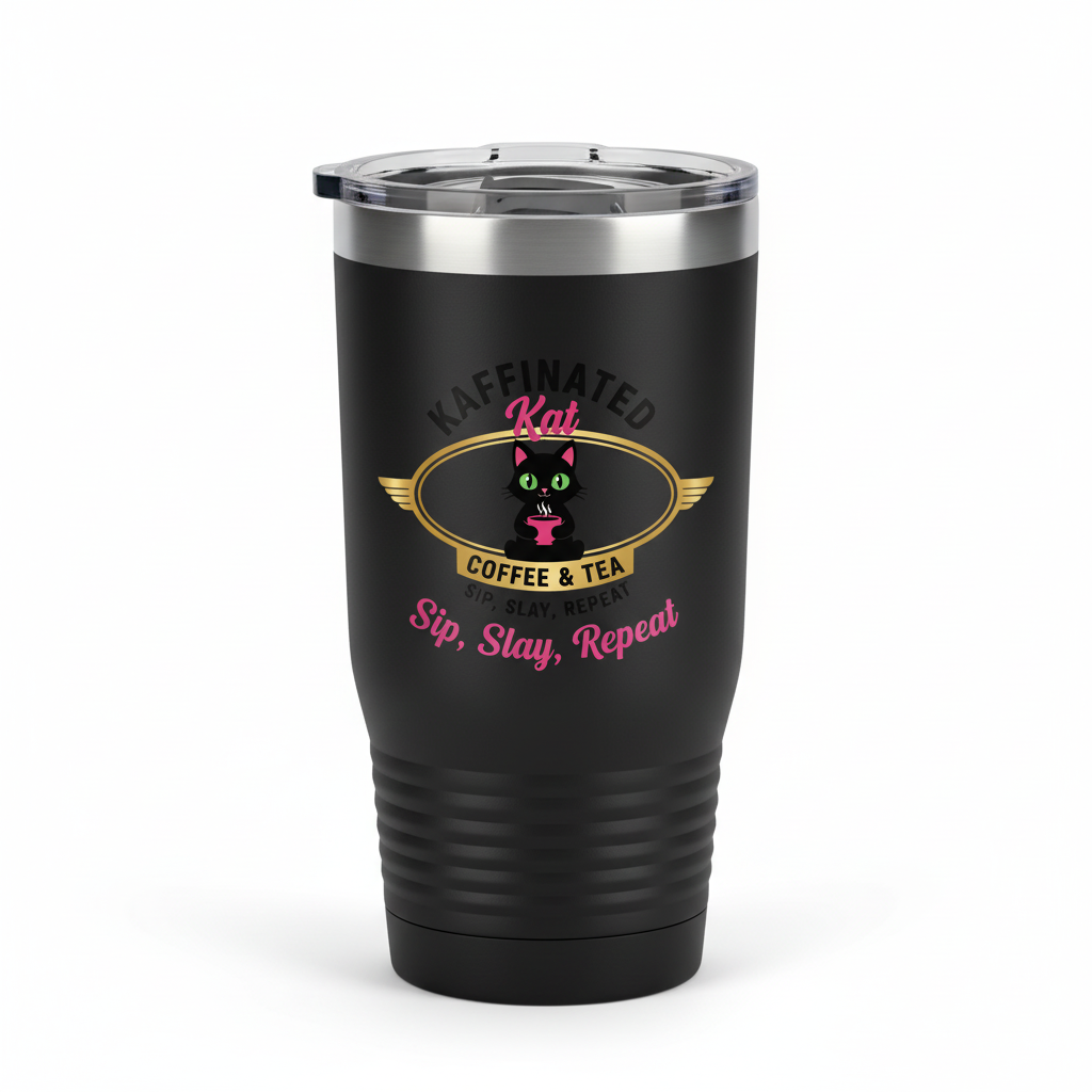 Kaffinated Kat black insulated tumbler 20oz with pink and gold logo