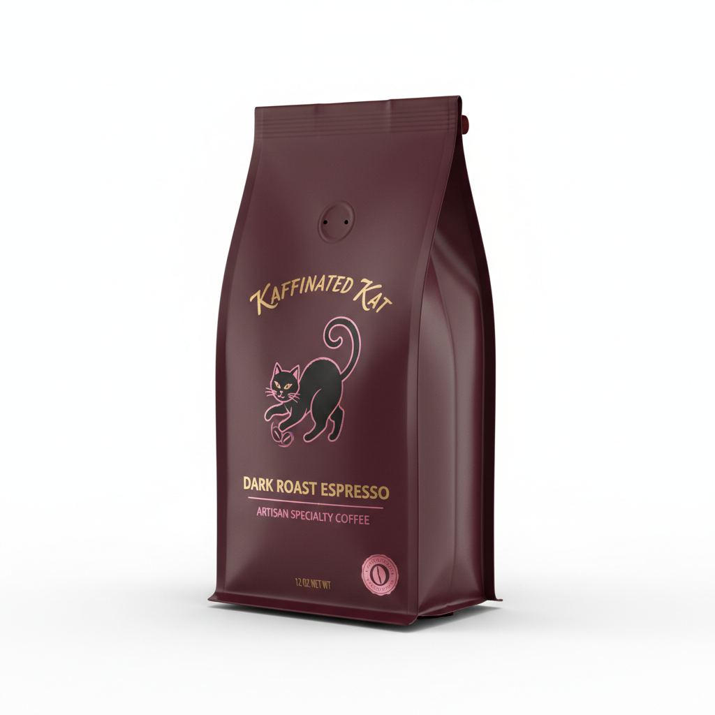 Kaffinated Kat Dark Roast Espresso 12oz deep burgundy coffee bag with pink and gold logo