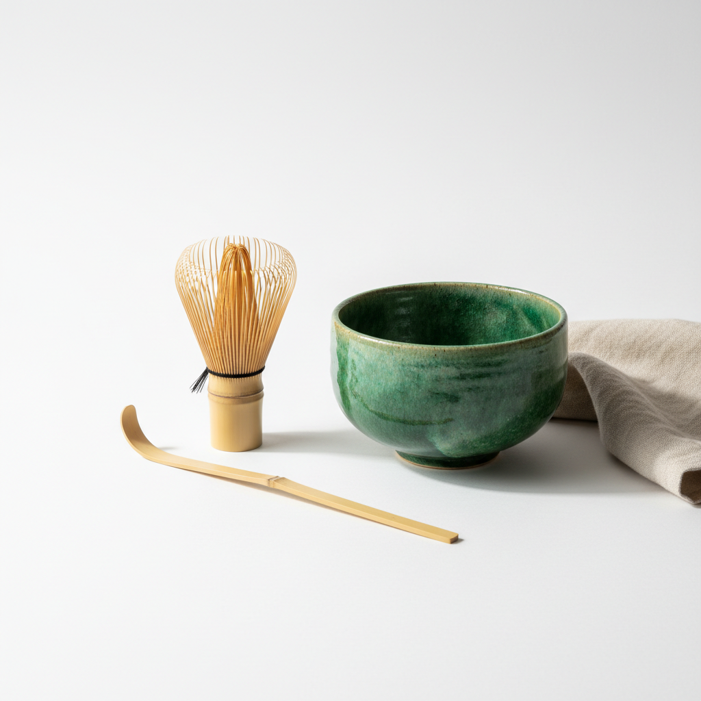 Kaffinated Kat Matcha Whisk Set with bamboo chasen and ceramic bowl