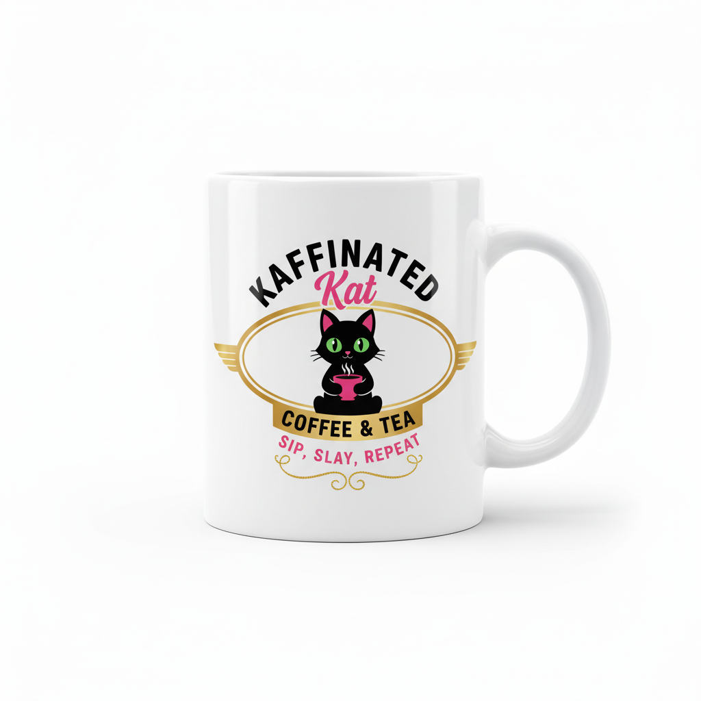 Kaffinated Kat white ceramic coffee mug with pink and gold logo