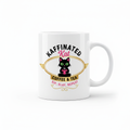 Kaffinated Kat white ceramic coffee mug with pink and gold logo