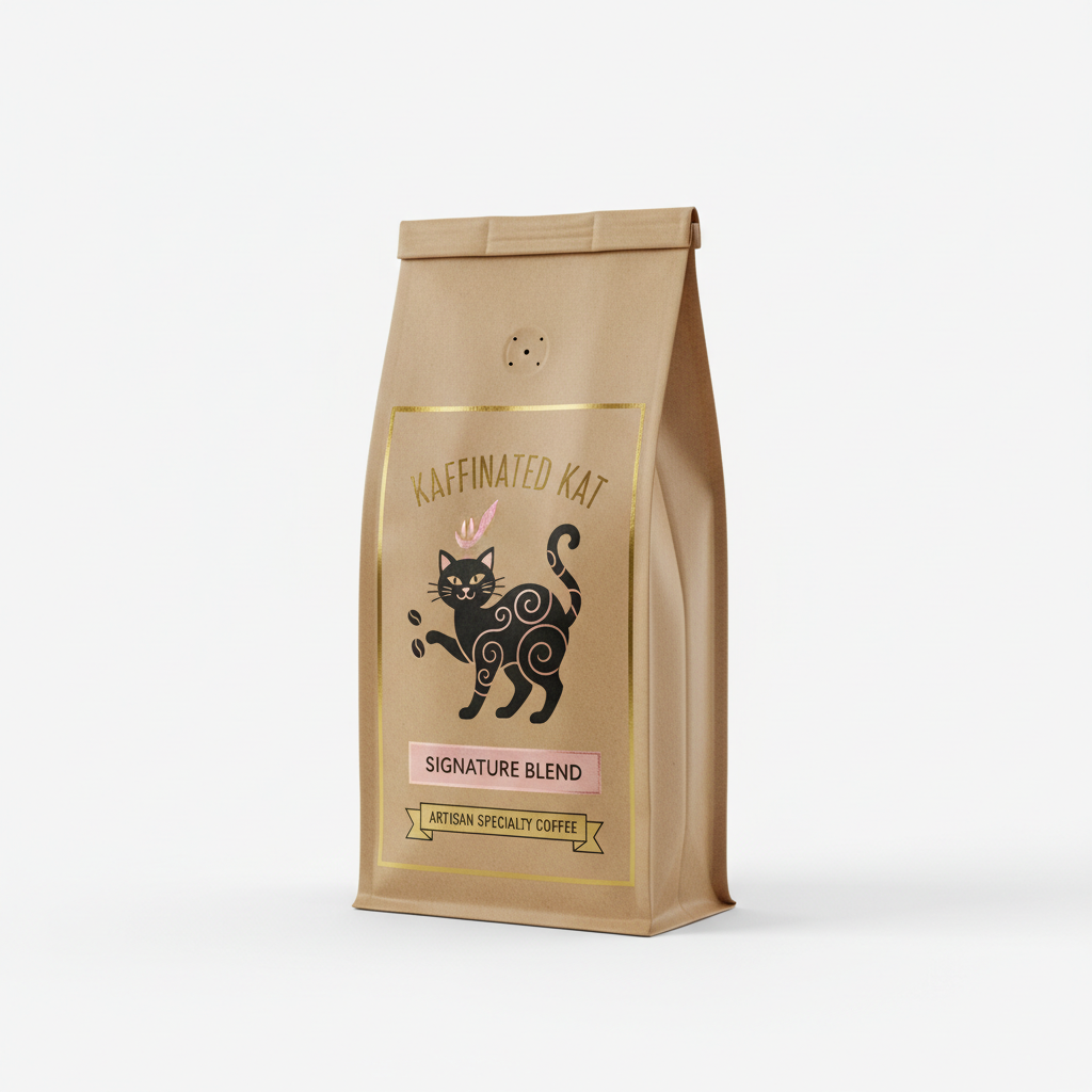 Kaffinated Kat Signature Blend 12oz kraft brown coffee bag with pink and gold logo