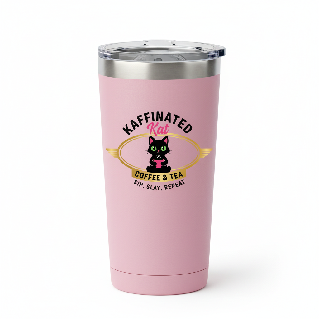 Kaffinated Kat pink insulated tumbler 20oz with black and gold logo