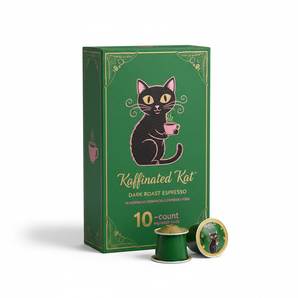 Kaffinated Kat Nespresso Pod Pack 10-count forest green box with pink and gold logo