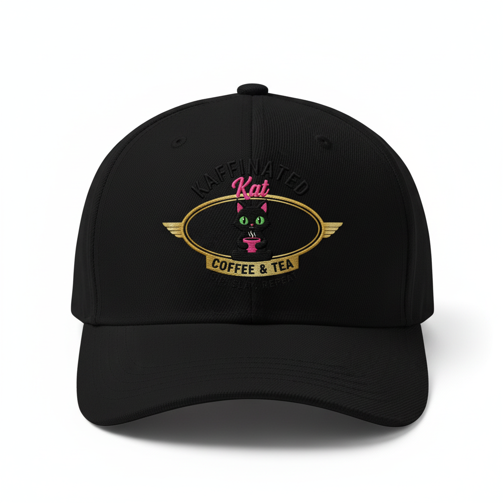 Kaffinated Kat black baseball cap with pink and gold embroidered logo