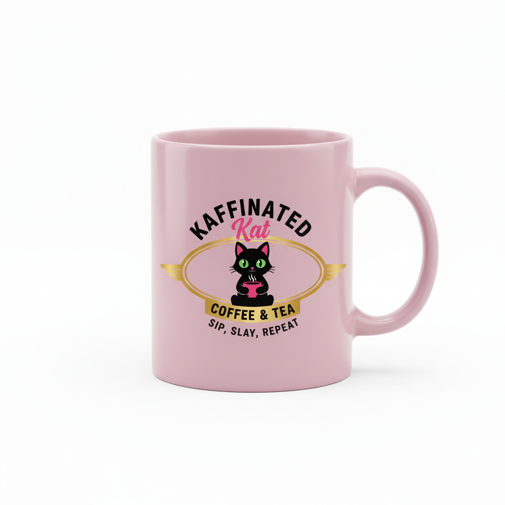 Kaffinated Kat pink ceramic coffee mug with black and gold logo
